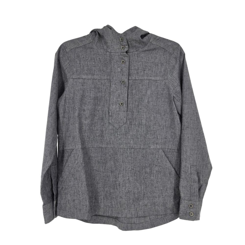 Prana Gray Shelton Hemp Hooded Roll Tab Sleeve 1/2 Button Pullover Top Size XS